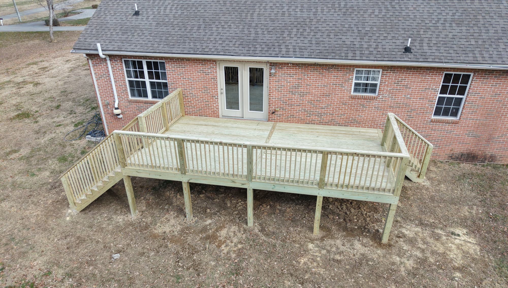 Elevated pressure-treated wood deck aerial view