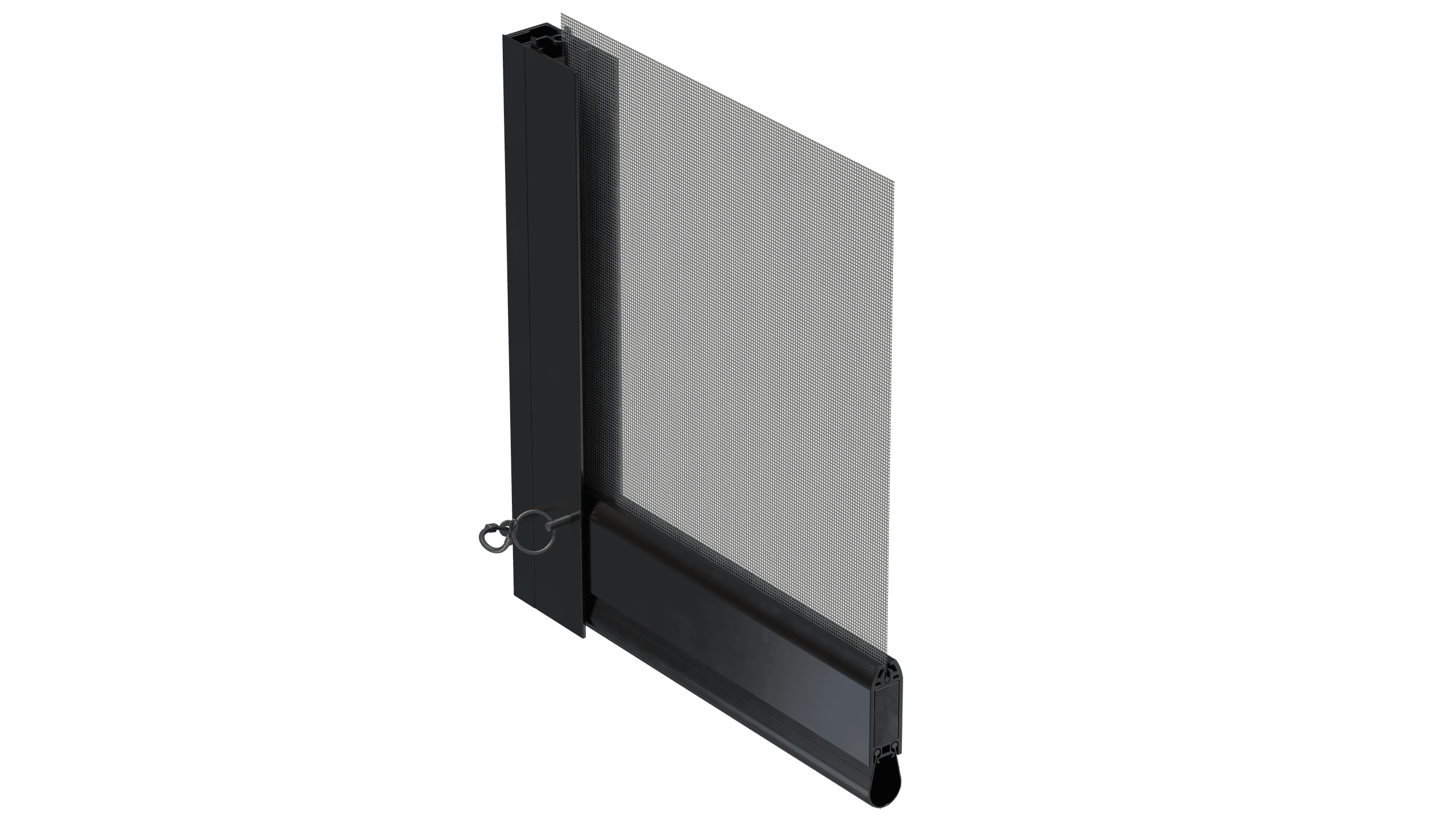 Corner view of a SunPro hurricane-rated screen showing reinforced track and locking pin detail