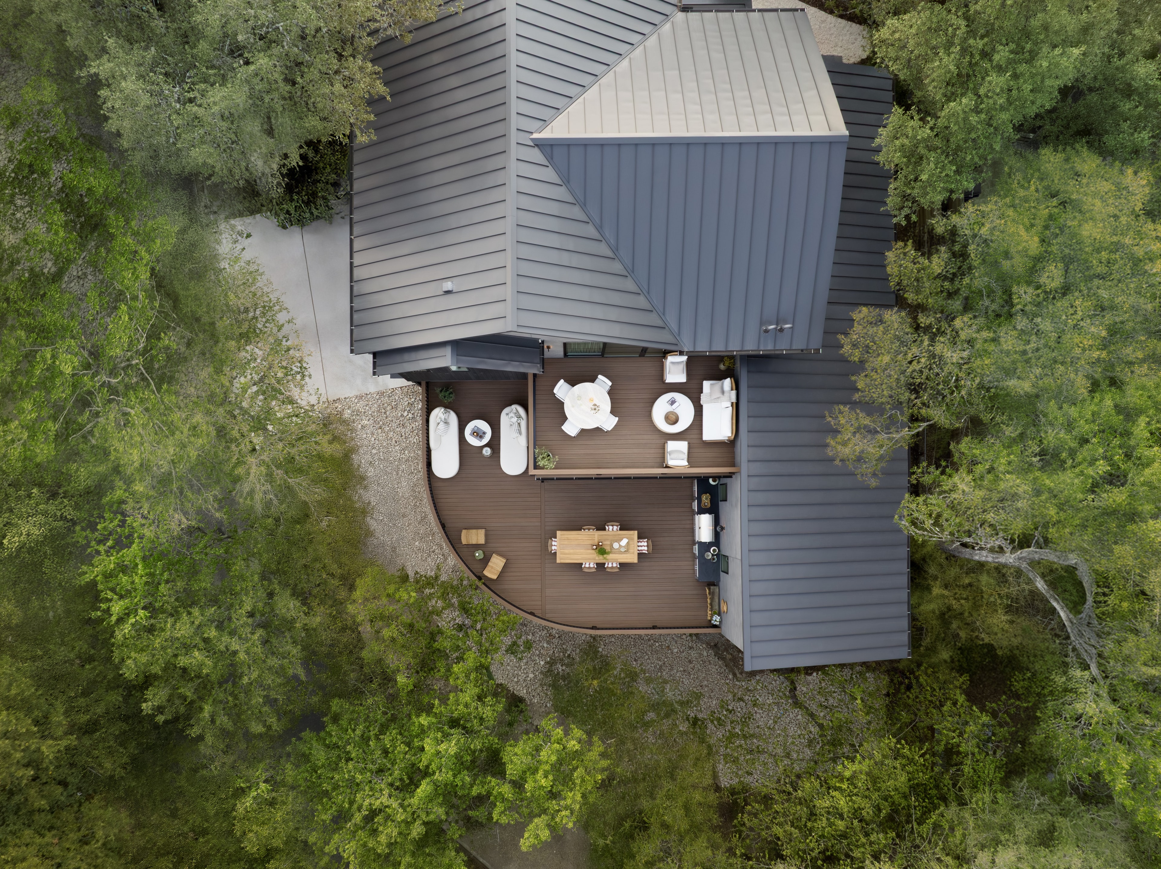 TimberTech Vintage English Walnut deck overhead drone shot