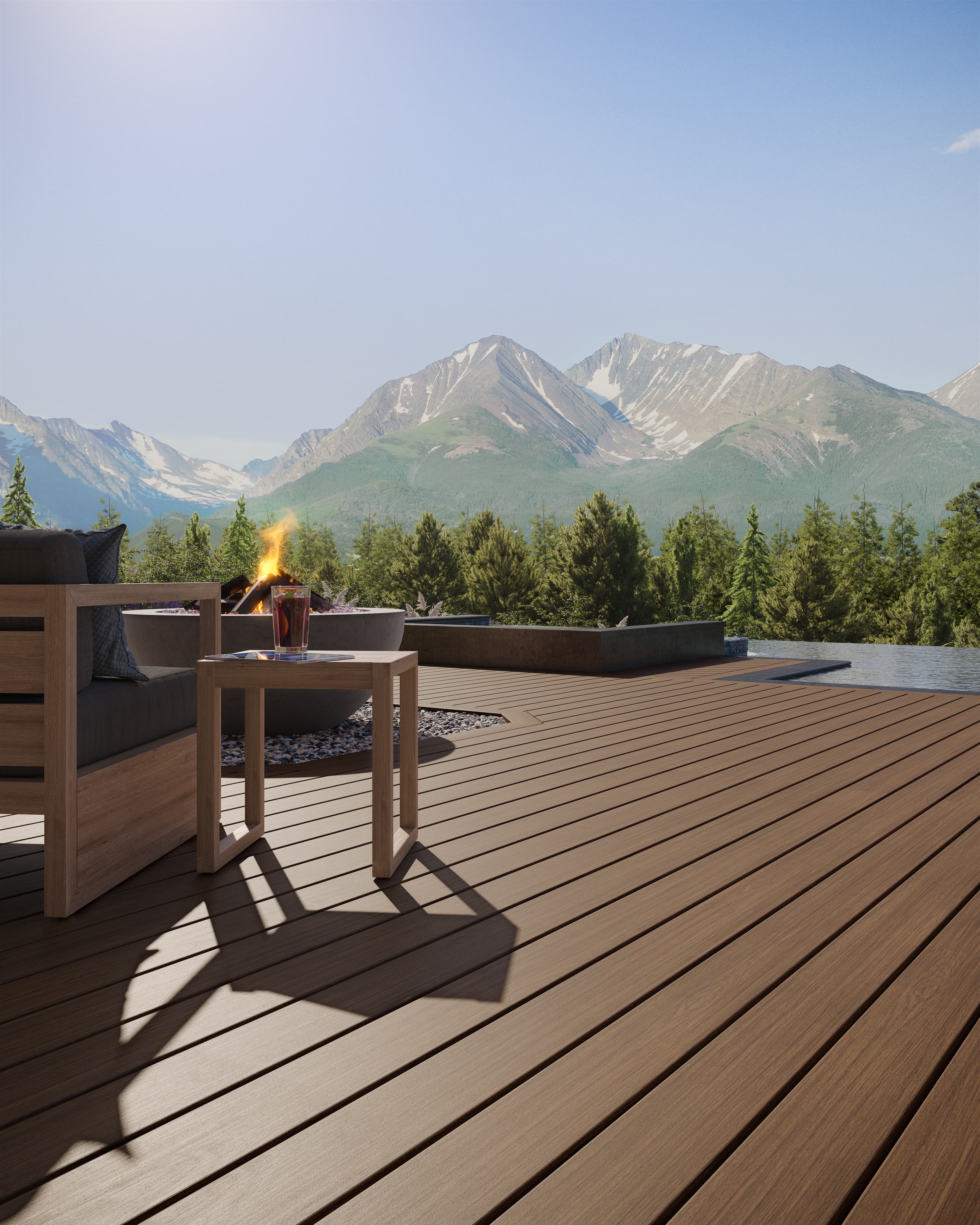Trex Signature decking with mountain views and outdoor furniture